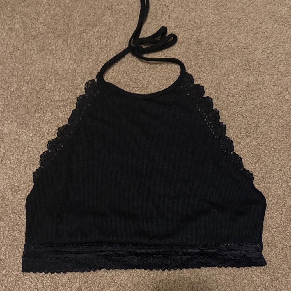 SHEIN Black Halter Crop Top with Lace Detail